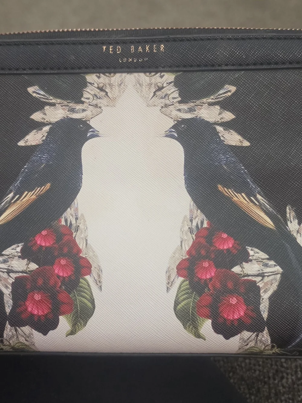 RARE Ted Baker Black Floral Bird Toiletry Zip Pouch